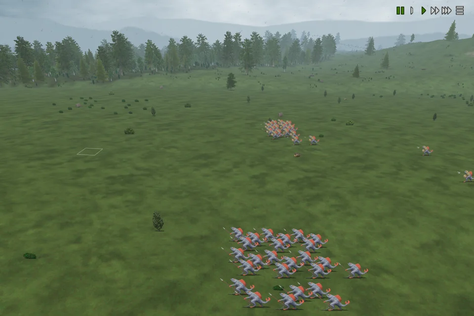A paused battle replay on open grassland: a block of lizard-like soldiers with spears in the foreground, more troops further off, and the replay controls at the top right.