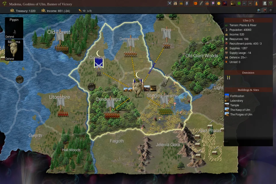 The Dominions 6 province map: a painted landscape of forest, swamp and river divided into provinces, with army banners, dotted movement lines and a panel of province details on the right.
