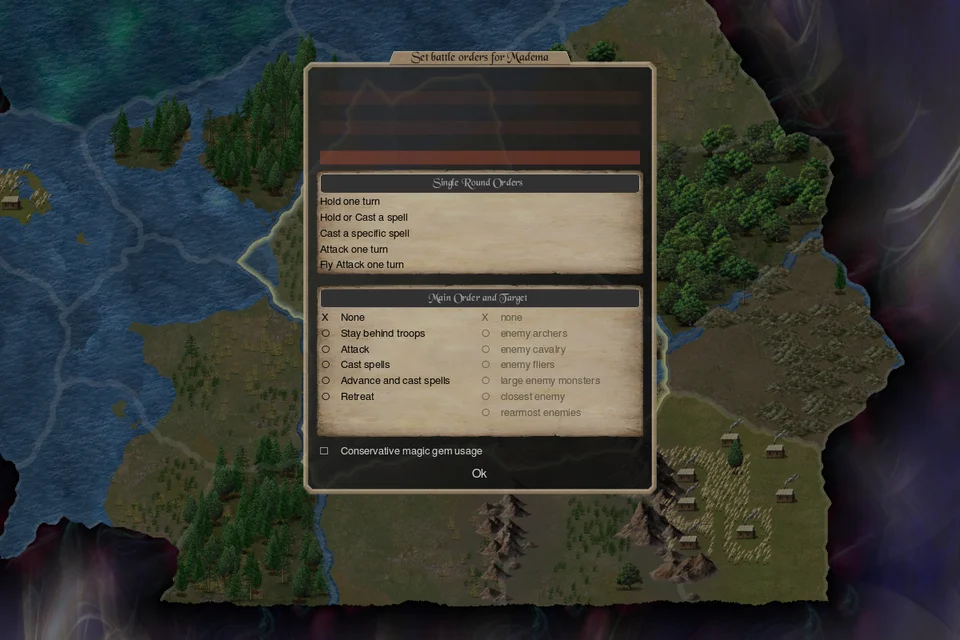 The Set battle orders window for a commander: empty script rows above lists of single-round orders and main orders such as Attack, Cast spells and Retreat.