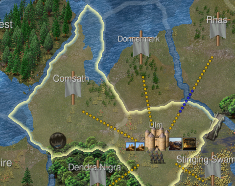 The main map at the start of a game, centred on the capital of Ulm, with the neighbouring provinces Comsath, Donnermark, Dendra Nigra and Stinging Swamp around it.