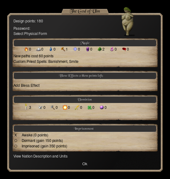 The pretender design window for a god: design points at the top, then panels for magic paths, bless effects, dominion and imprisonment, and an Ok button.