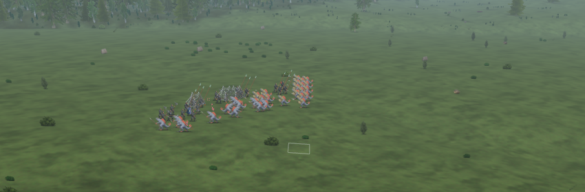 A wide view of open grassland, with a small block of soldiers standing in formation near the middle.