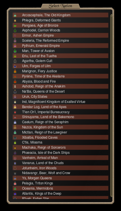 The Select Nation list for the Middle Age, with nations such as Arcoscephale, Man, Ulm and Caelum, each beside a small flag.
