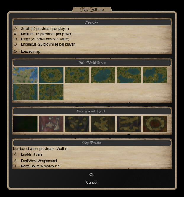 The Map Settings screen, with the four map sizes from Small to Enormous, the main world and underground layouts, and the map tweaks for water, rivers and wraparound.
