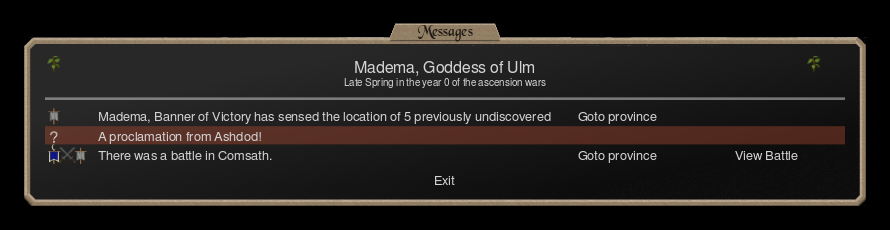 The game's messages window at the start of a turn, listing a sensed location, a proclamation from another nation and a battle, each with a Goto province link.