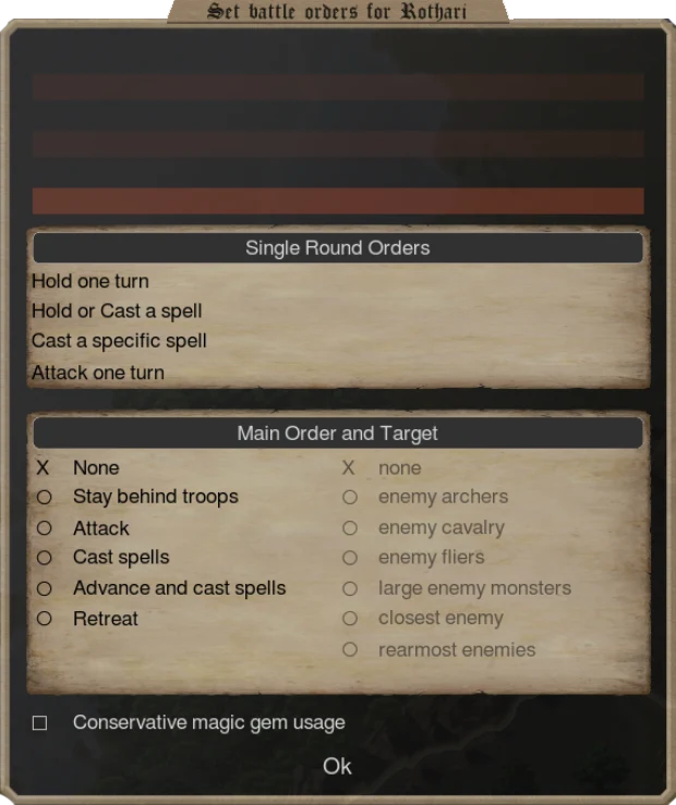 The battle orders window for a commander: a block for single round orders with the choices hold one turn, hold or cast a spell, cast a specific spell and attack one turn, then a main order list with a target list beside it, and a tick box for conservative magic gem usage.