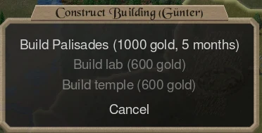 The Construct Building menu for a province, offering to build palisades, a lab or a temple, with a gold cost beside each and a Cancel choice.