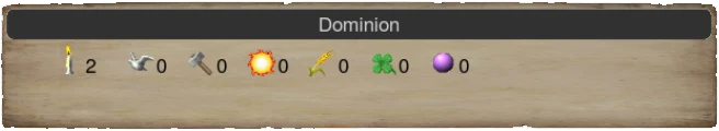 The Dominion panel of the pretender screen: a candle with the number two beside it, then icons for the six scales, each at zero.