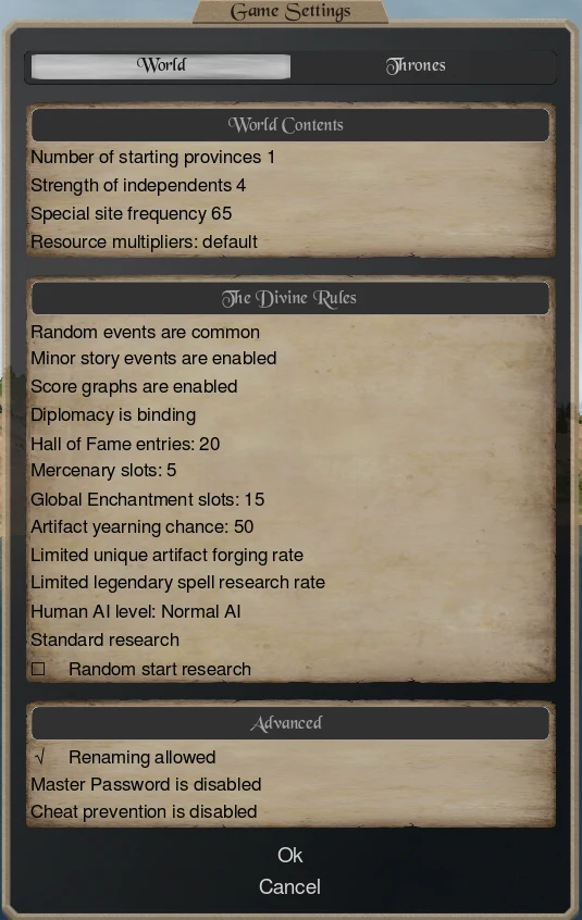 The Game Settings window on its World tab, with the sections World Contents, The Divine Rules and Advanced, each a list of settings with their current values, and Ok and Cancel at the bottom.