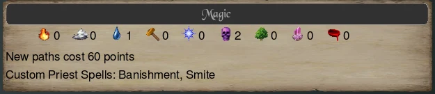 The Magic panel of the pretender screen: a row of nine path icons with their levels, a price note for new paths, and a line naming the custom priest spells.