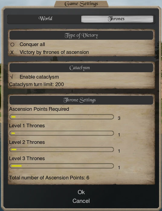 The Thrones tab of the game settings: the type of victory with Conquer all and Victory by thrones of ascension, a Cataclysm box with a tick for Enable cataclysm and a turn limit, and sliders for the ascension points required and the number of level 1, 2 and 3 thrones.